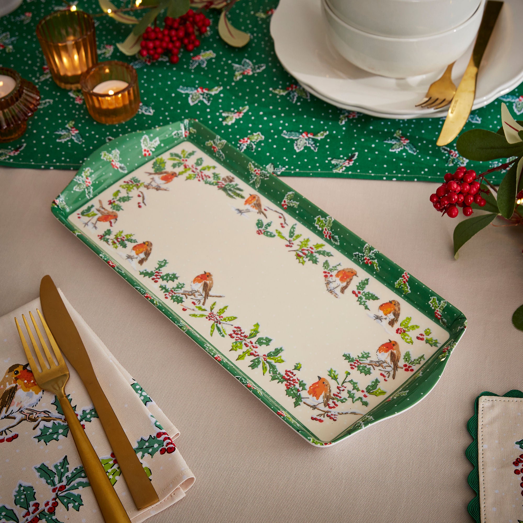 Christmas Robins Small Serving Tray in Green - Tray - Ulster Weavers