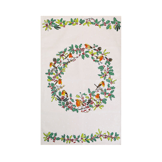 Christmas Robins Cotton Tea Towel in Green