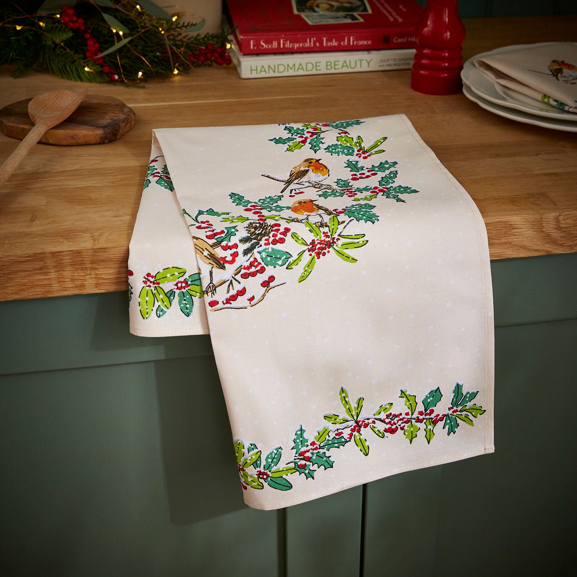 Christmas Robins Cotton Tea Towel in Green - Tea Towel - Ulster Weavers