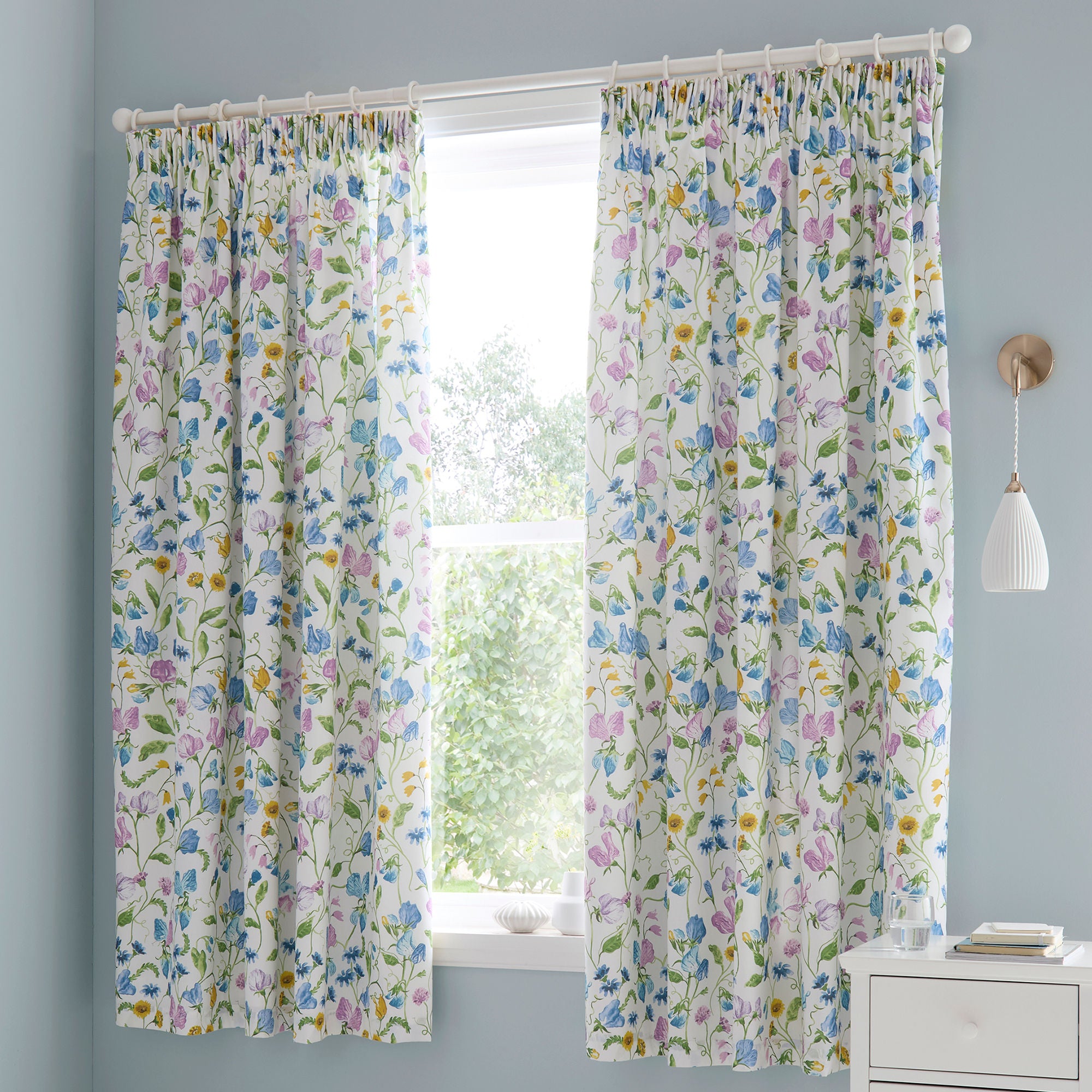 Sweetpea Floral Pair of Pencil Pleat Curtains in Lilac - Pair of Pencil Pleat Curtains - Dreams & Drapes