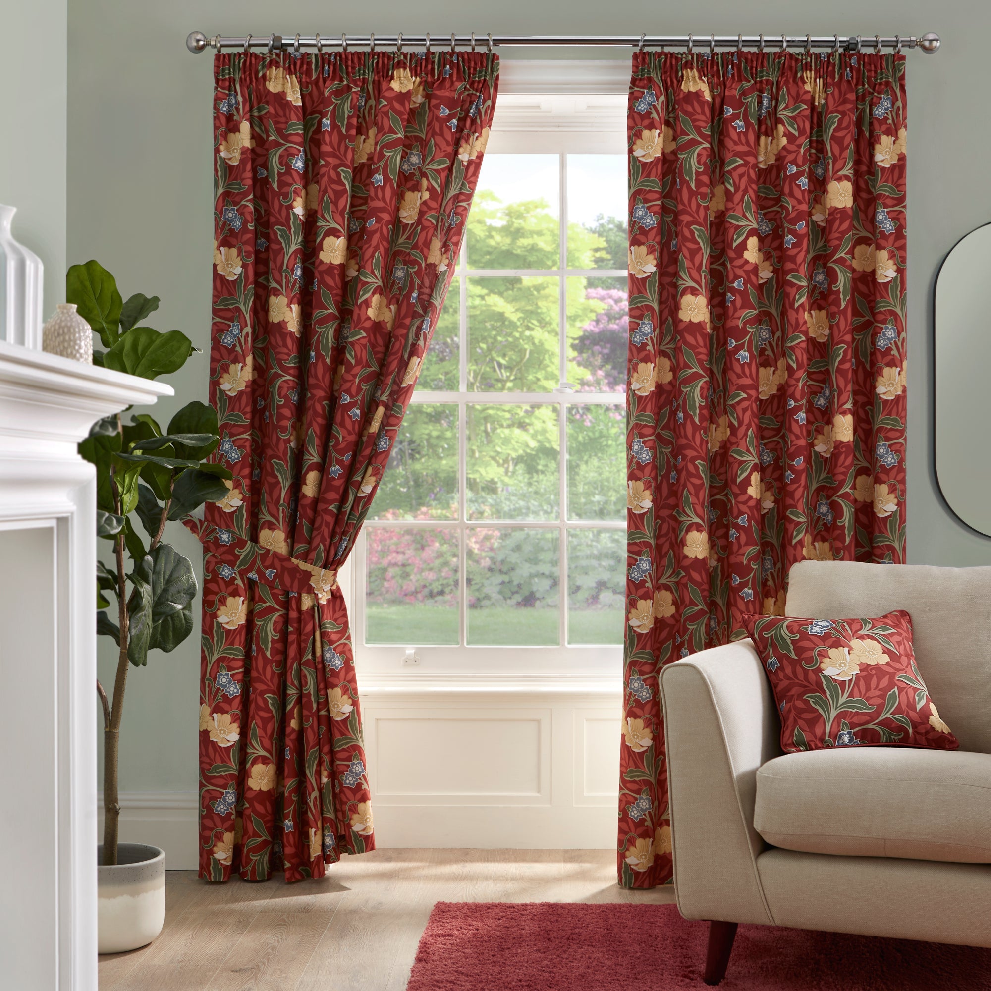 Sandringham Pair of Pencil Pleat Curtains With Tie-Backs by Dreams & Drapes in Red - Pair of Pencil Pleat Curtains With Tie-Backs - Dreams & Drapes Curtains