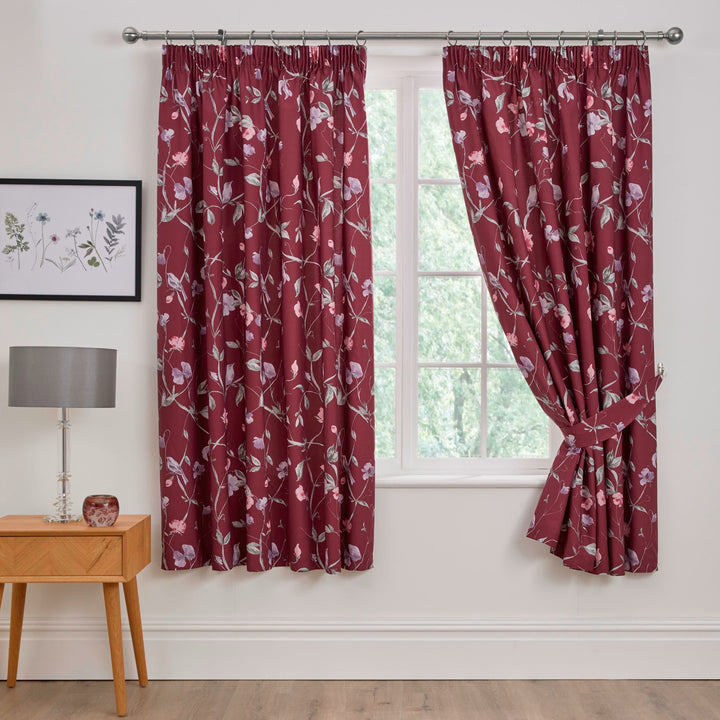 Sweet Pea Pair of Pencil Pleat Curtains With Tie-Backs by Dreams & Drapes Design in Plum - Pair of Pencil Pleat Curtains With Tie-Backs - Dreams & Drapes Design