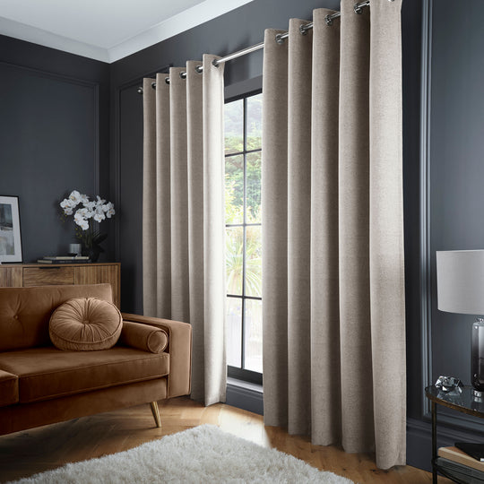 Velvet Chenille Dimout Pair of Eyelet Curtains in Natural