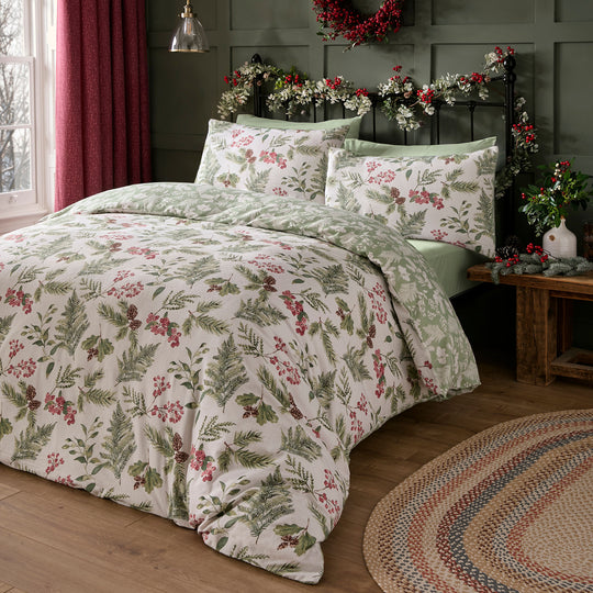 Winter Sprigs Duvet Cover Set by Dreams & Drapes Lodge in Green - Duvet Cover Set - Dreams & Drapes Lodge