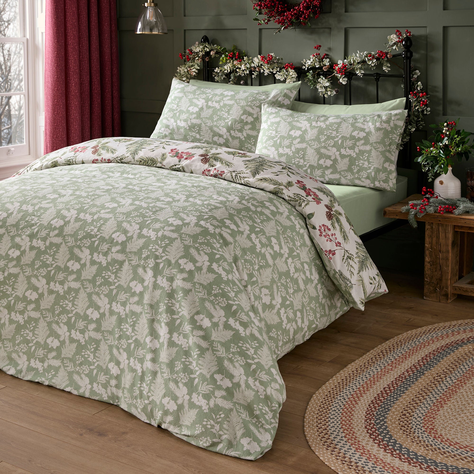 Winter Sprigs Duvet Cover Set by Dreams & Drapes Lodge in Green - Duvet Cover Set - Dreams & Drapes Lodge