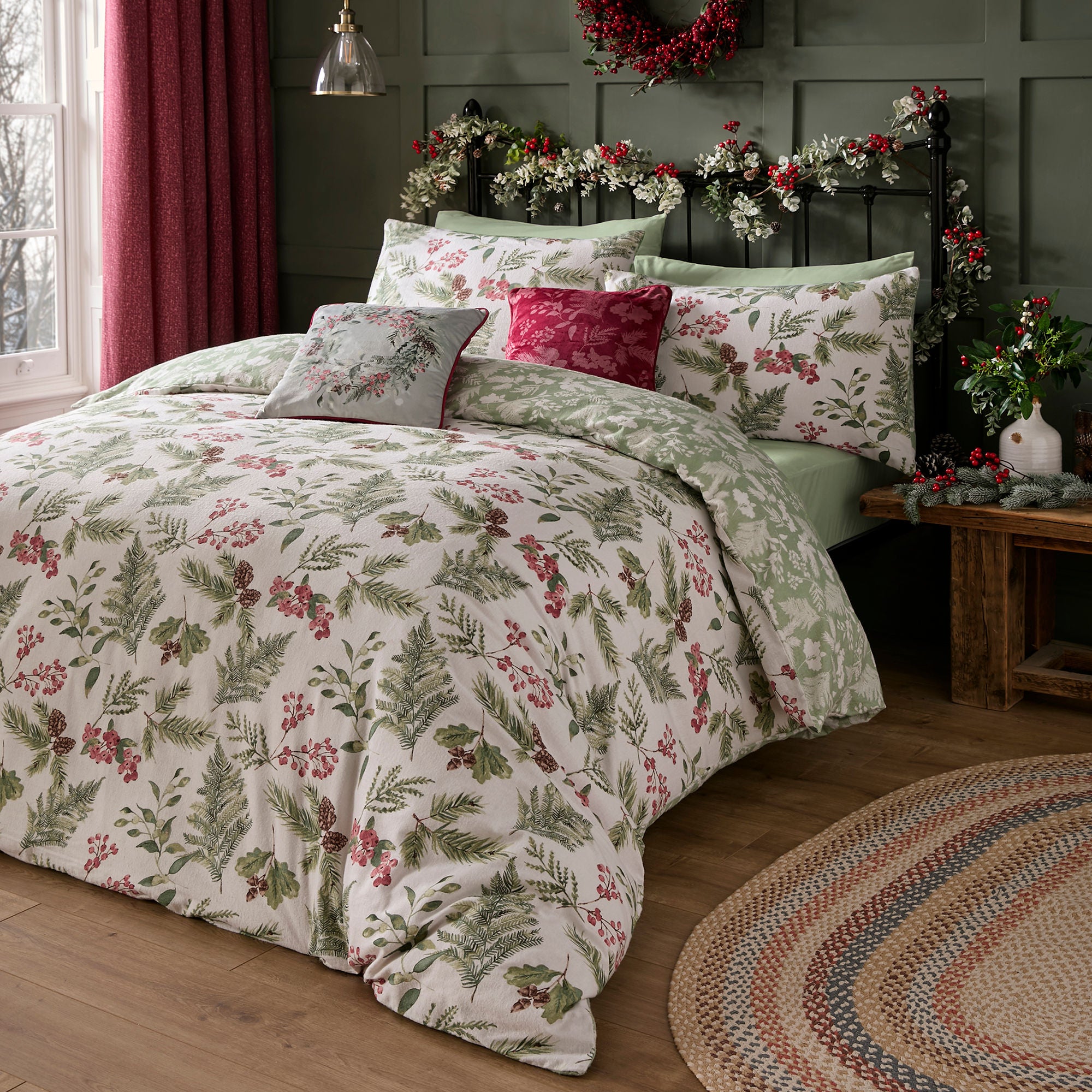 Winter Sprigs Duvet Cover Set by Dreams & Drapes Lodge in Green - Duvet Cover Set - Dreams & Drapes Lodge