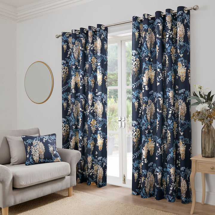 Wisteria Pair of Eyelet Curtains by Dreams & Drapes Curtains in Navy - Pair of Eyelet Curtains - Dreams & Drapes Curtains