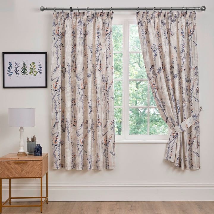 Wild Stems Pair of Pencil Pleat Curtains With Tie-Backs by Dreams & Drapes Design in Blue - Pair of Pencil Pleat Curtains With Tie-Backs - Dreams & Drapes Design