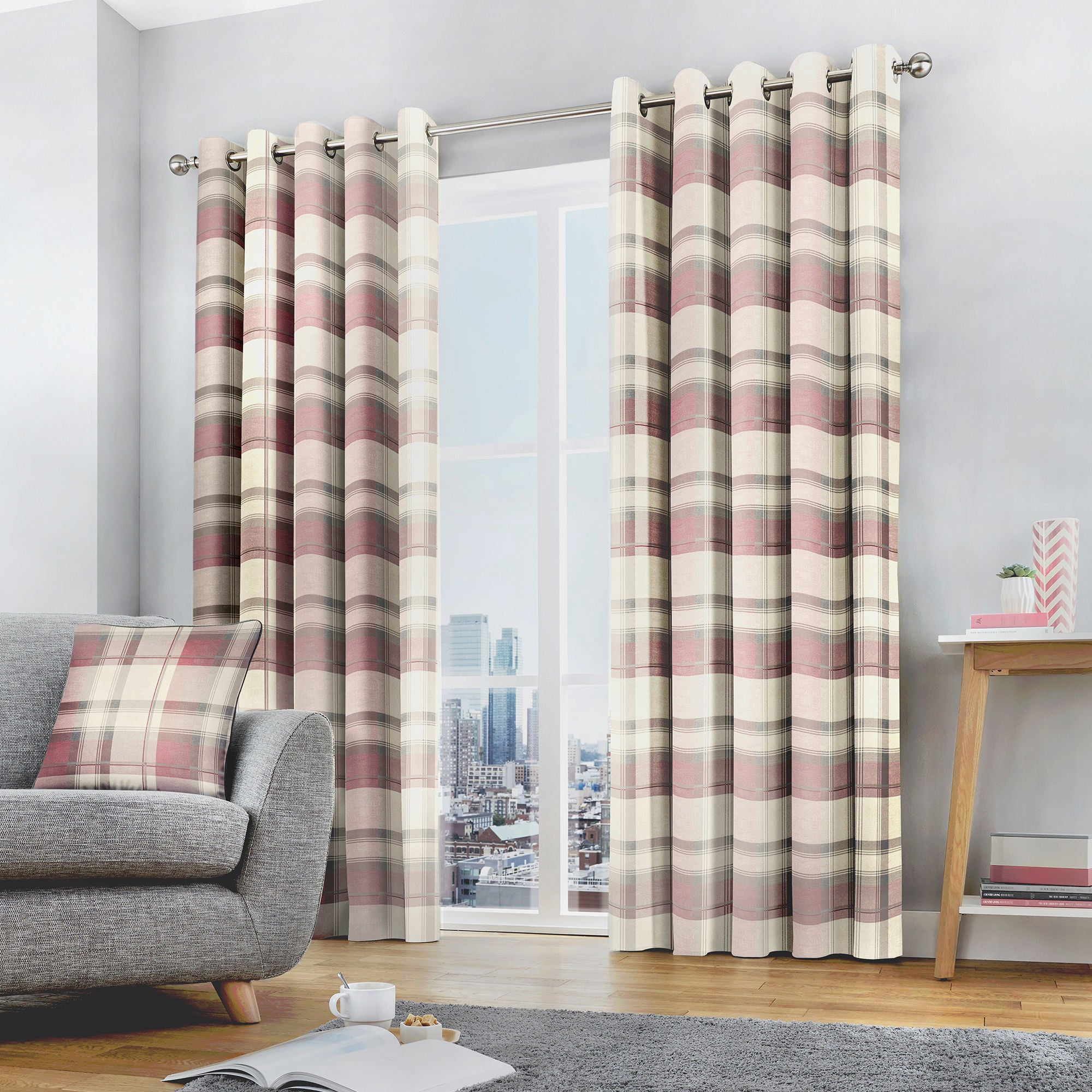 Balmoral Check Pair of Eyelet Curtains by Fusion in Blush - Pair of Eyelet Curtains - Fusion