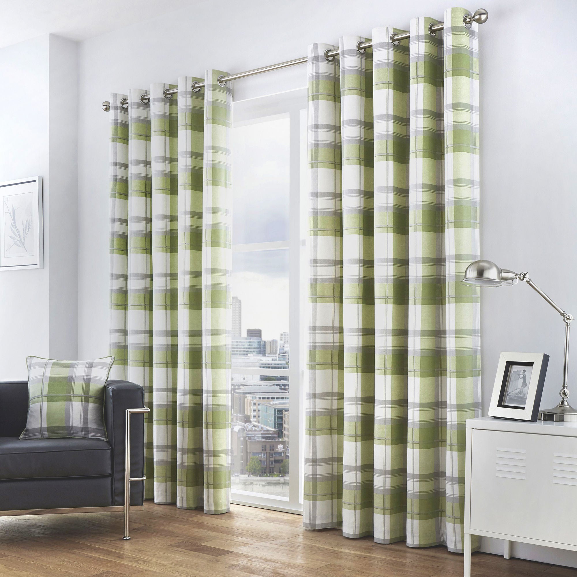 Balmoral Check Pair of Eyelet Curtains by Fusion in Green - Pair of Eyelet Curtains - Fusion