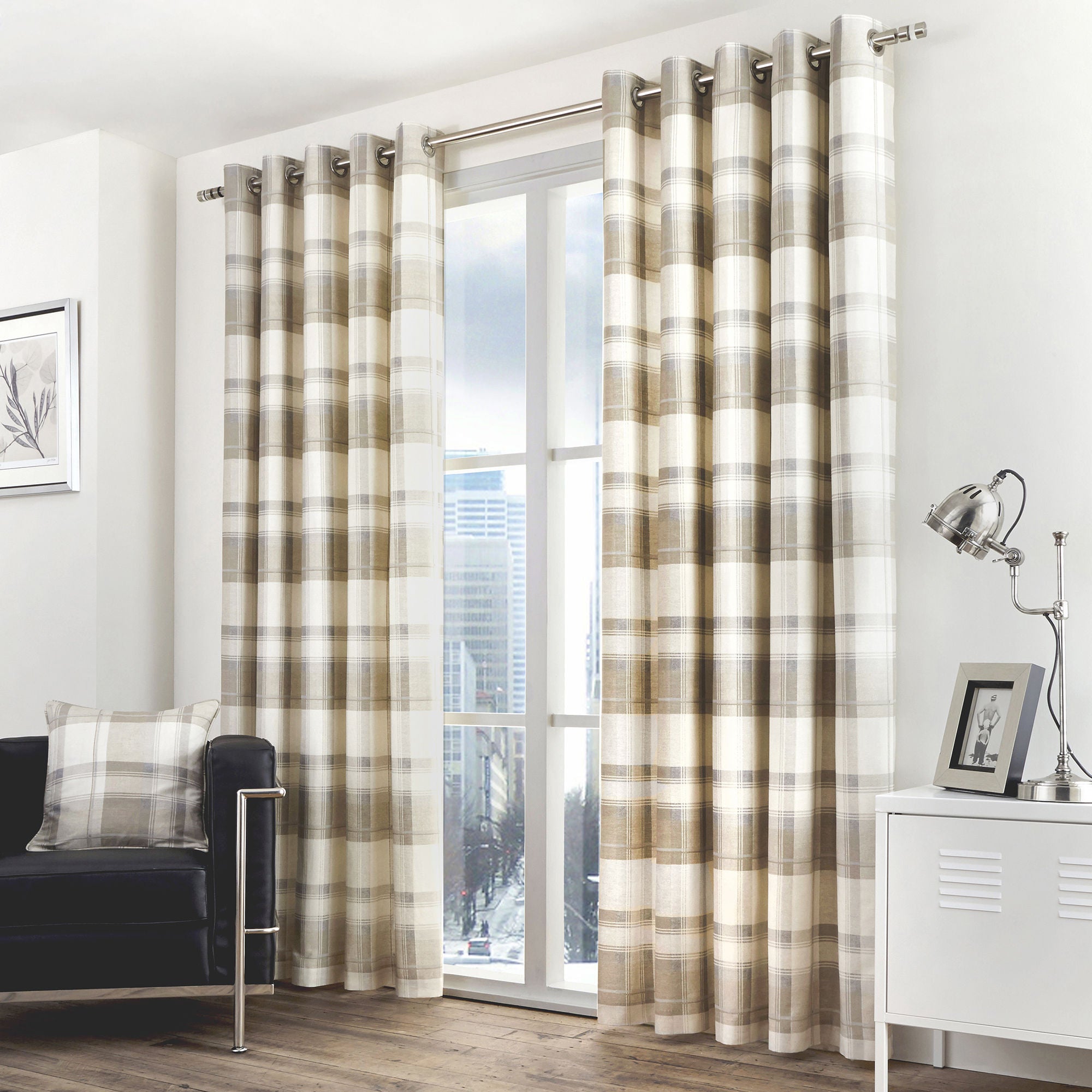 Balmoral Check Pair of Eyelet Curtains by Fusion in Natural - Pair of Eyelet Curtains - Fusion