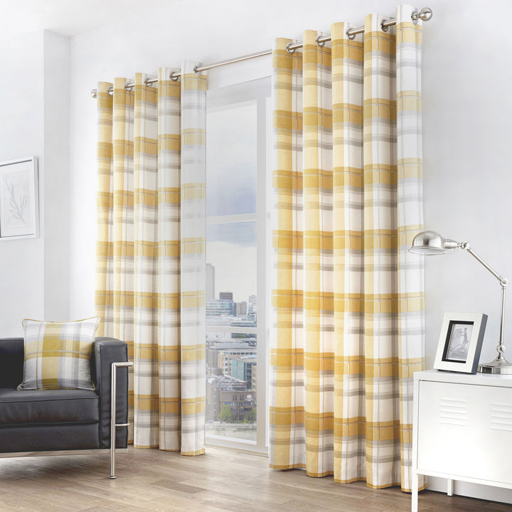 Balmoral Check Pair of Eyelet Curtains by Fusion in Ochre - Pair of Eyelet Curtains - Fusion