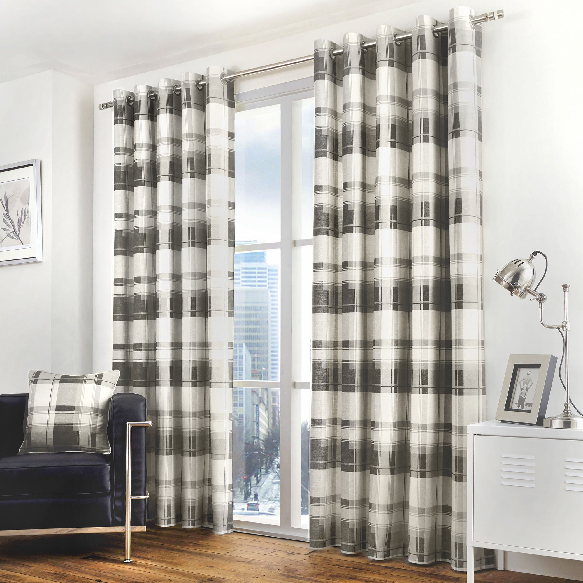 Balmoral Check Pair of Eyelet Curtains by Fusion in Slate - Pair of Eyelet Curtains - Fusion