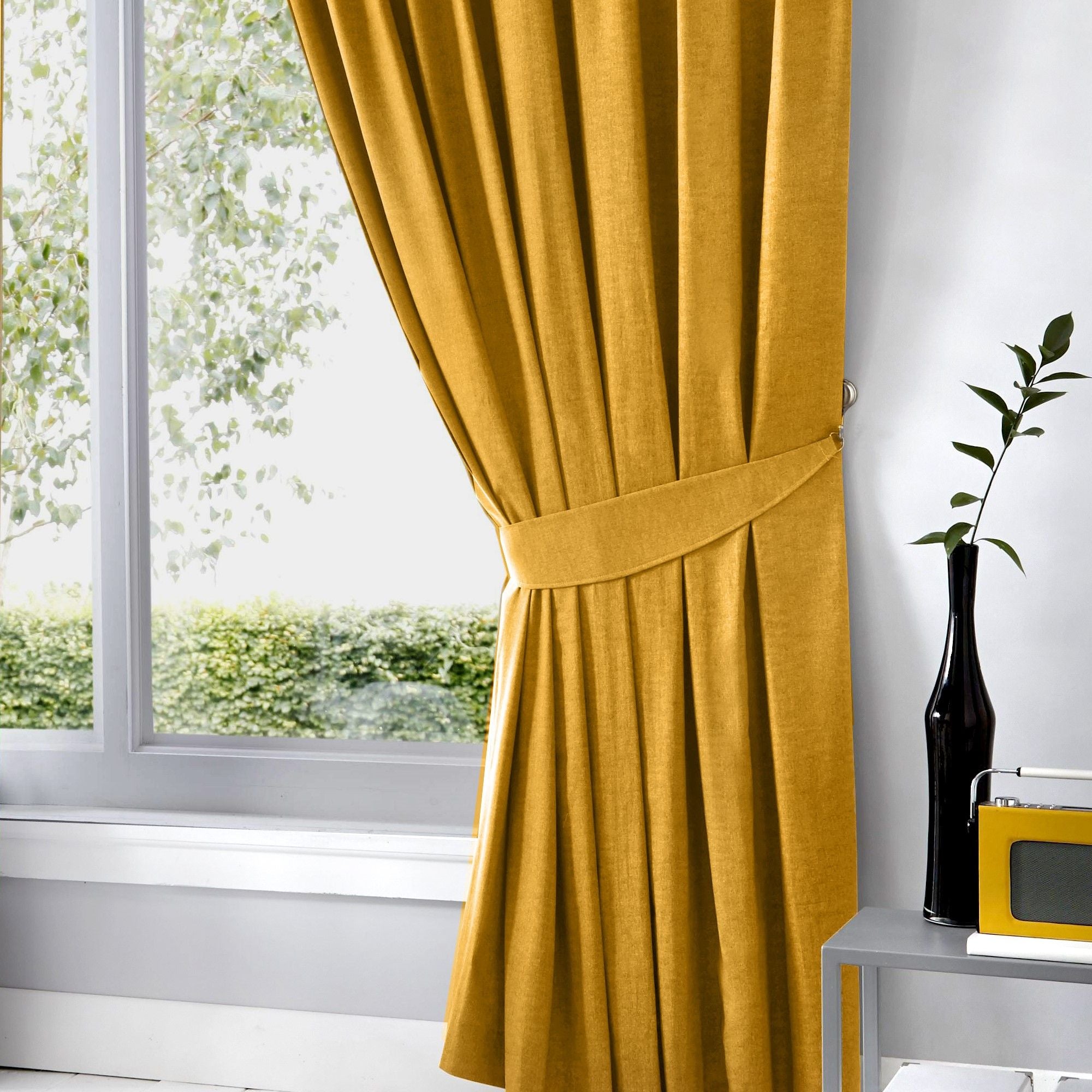 Dijon Pair of Pencil Pleat Curtains by Fusion in Ochre - Pair of Pencil Pleat Curtains - Fusion