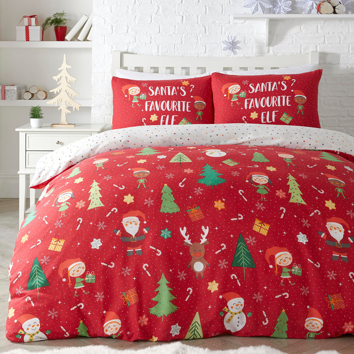 Elf & Santa Duvet Cover Set by Bedlam Christmas in Multi - Duvet Cover Set - Bedlam Christmas