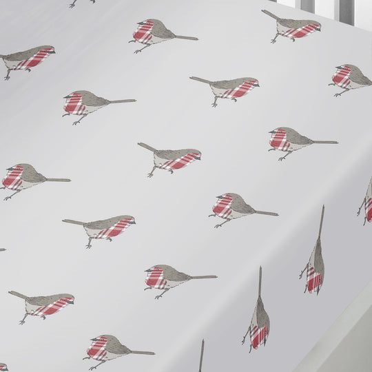 Robin Christmas 25cm Deep Fitted Bed Sheet in Red