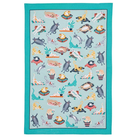 Kitty Cats Cotton Tea Towel in Blue