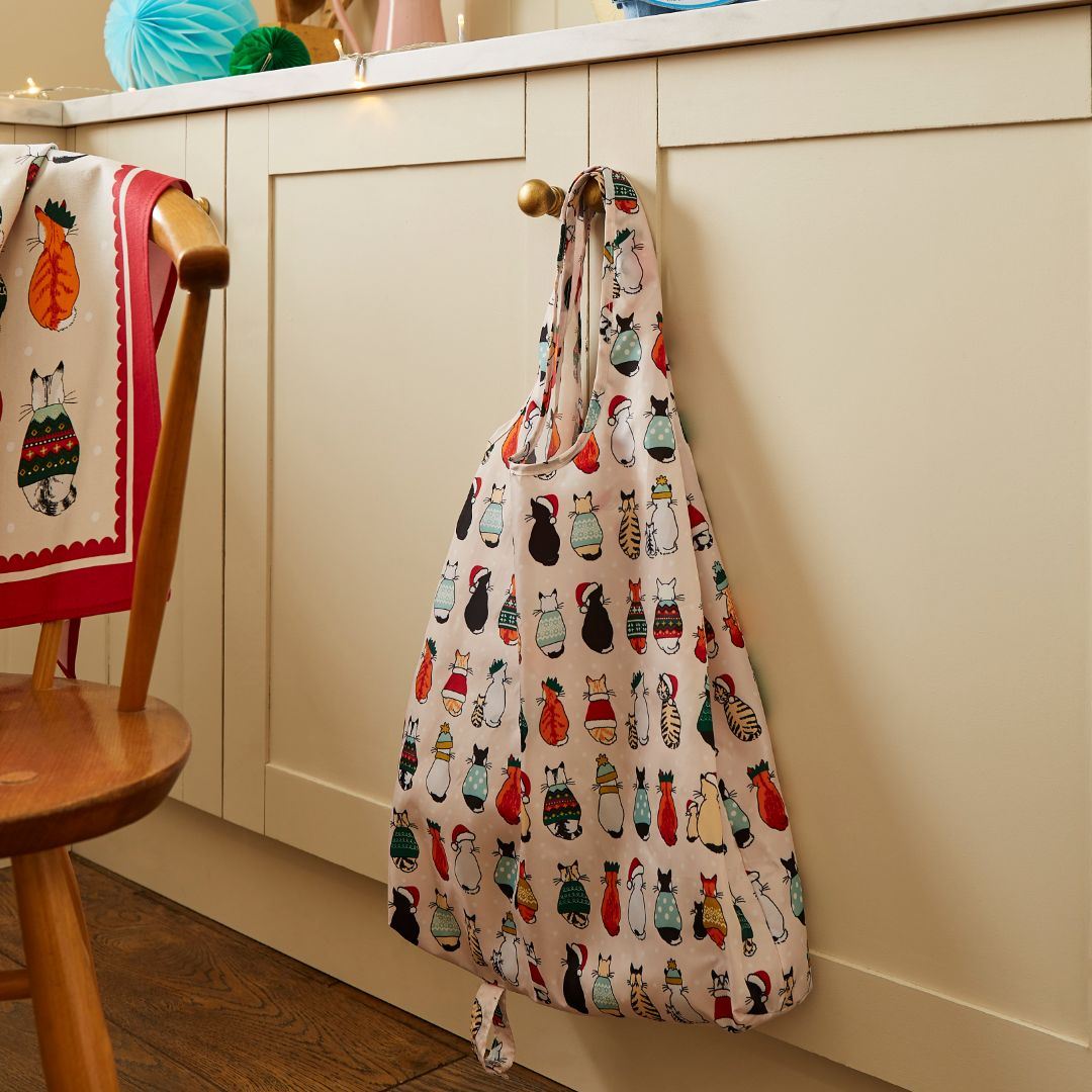 Ulster Weavers Recycled Packable Bag - Christmas Cats in Waiting (Red) -  - Ulster Weavers