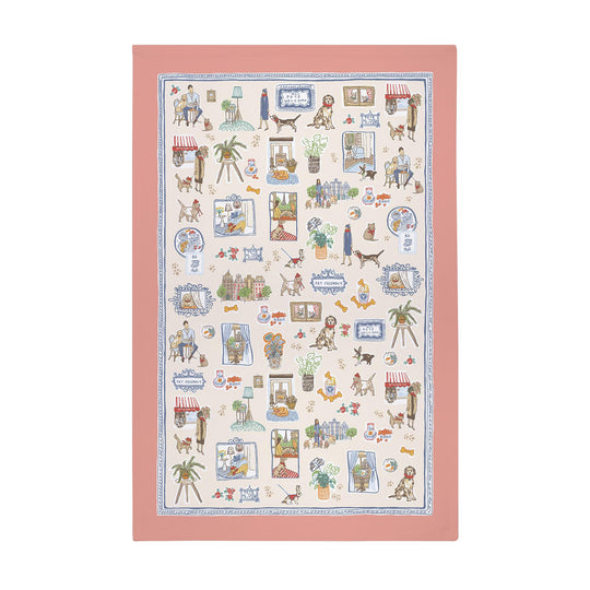 Pets In the City Cotton Tea Towel in Pink