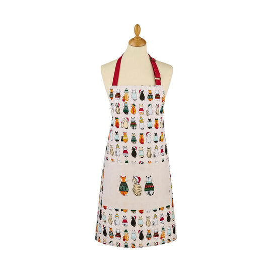Christmas Cats in Waiting Cotton Apron in Red/Cream