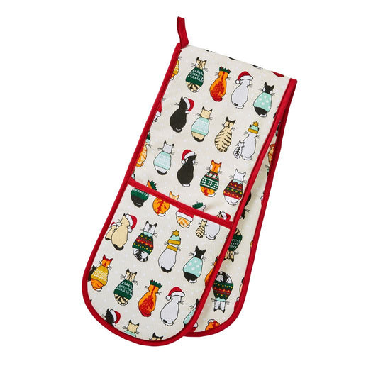 Christmas Cats in Waiting Double Oven Glove in Red/Cream